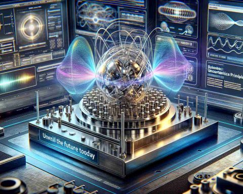 Highly detailed, realistic image of an advanced quantum tool from a revolutionizing perspective. The image is set in a modern lab environment with shiny steel surfaces, holographic touch-screens, and complex microscopic details. The quantum tool is presented with an intriguing combination of both tangible metallic elements and transformative spectrums, representing waves and particles, illuminating the uncertainty principle. A banner in the corner reads 'Unveil the Future Today' signifying the start of a new era in quantum technology.