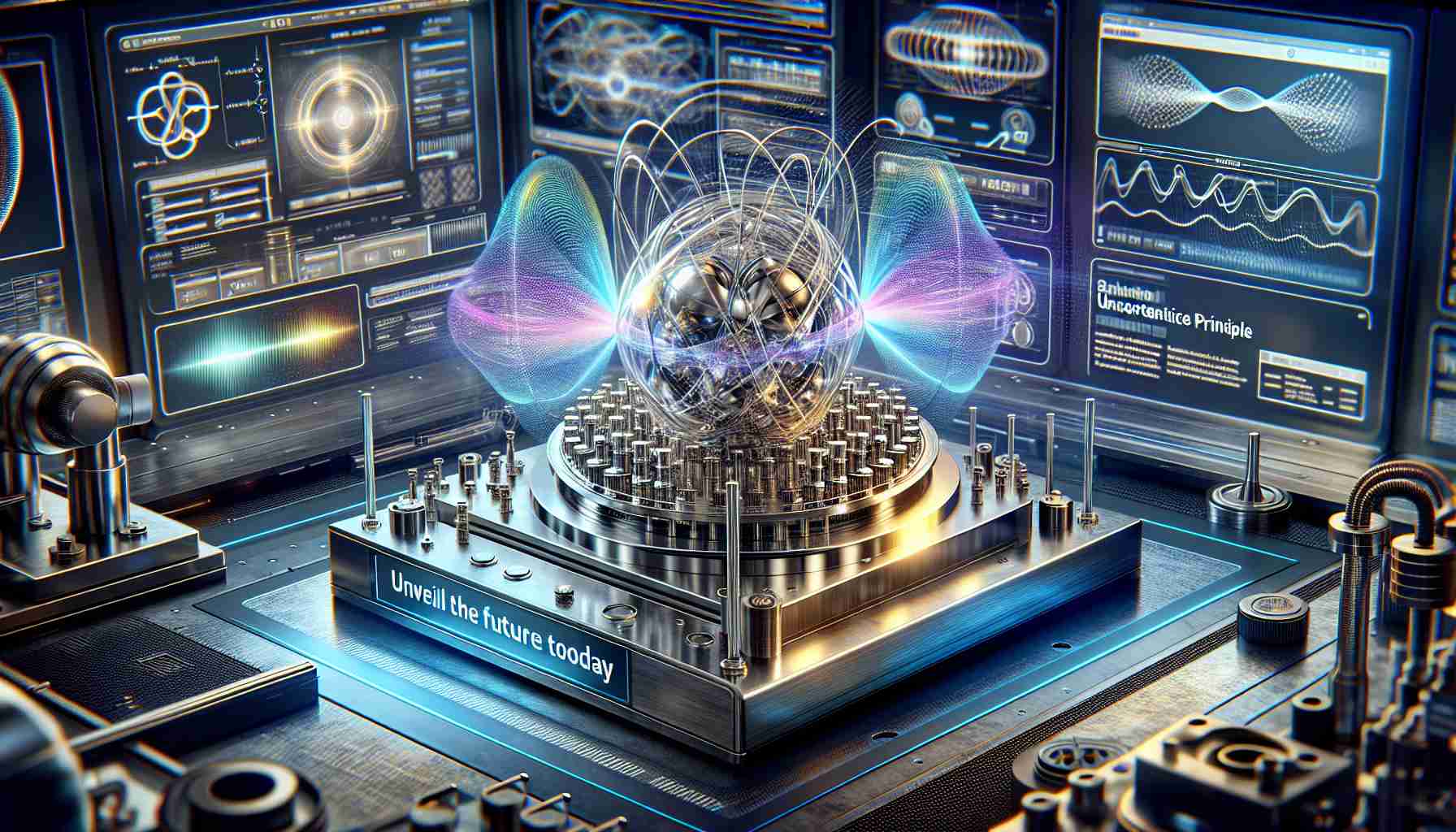 Highly detailed, realistic image of an advanced quantum tool from a revolutionizing perspective. The image is set in a modern lab environment with shiny steel surfaces, holographic touch-screens, and complex microscopic details. The quantum tool is presented with an intriguing combination of both tangible metallic elements and transformative spectrums, representing waves and particles, illuminating the uncertainty principle. A banner in the corner reads 'Unveil the Future Today' signifying the start of a new era in quantum technology.