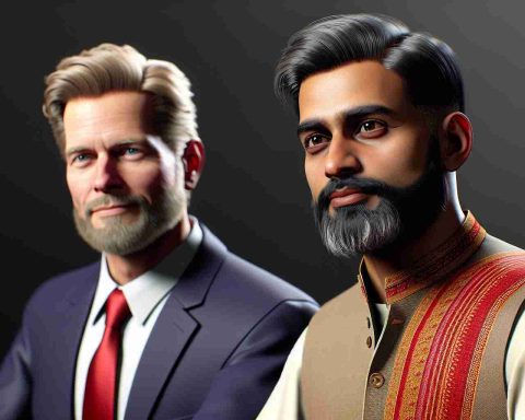 A high-definition image in a realistic style showing two middle-aged men at a formal meeting. One man is South Asian, with a trimmed beard and wearing a traditional kurta. The other is a Caucasian man with blonde hair, wearing a navy blue suit and red tie. Neither men are identifiable as specific public figures, but their attire suggests importance and influence.