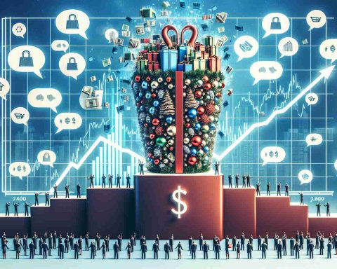 Create a high definition image portraying the theme of holiday stock picks. Depict an abstract representation of a retail giant, perhaps as a towering store filled with holiday merchandise, poised on a winner's podium. Around this central figure, illustrate the buzz of people talking, represented by speech bubbles filled with symbols of stocks and shares. Add financial charts in the background showing the upward trajectory, indicating a win. Remember, no specific companies or brands should be identifiable.