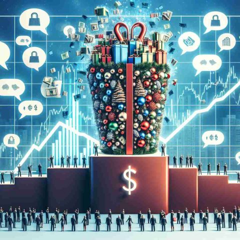 Create a high definition image portraying the theme of holiday stock picks. Depict an abstract representation of a retail giant, perhaps as a towering store filled with holiday merchandise, poised on a winner's podium. Around this central figure, illustrate the buzz of people talking, represented by speech bubbles filled with symbols of stocks and shares. Add financial charts in the background showing the upward trajectory, indicating a win. Remember, no specific companies or brands should be identifiable.