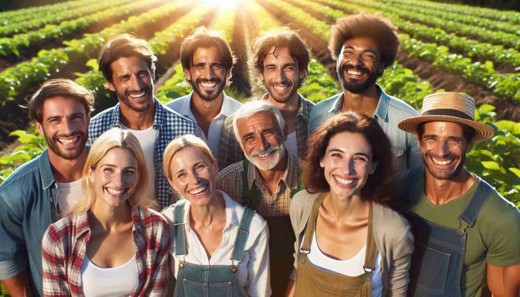 Produce a high-definition, realistic image capturing the essence of joy and satisfaction among a diverse group of farmers. The picture should depict a mixed group of male and female farmers from various descents such as Caucasian, Hispanic, Black, Middle-Eastern, South Asian, and White as they smile. They are standing in the bright sunlight on their verdant farms. It's not just the sun that's making them happy; they have a deep sense of fulfillment from their hard work and successful harvest.