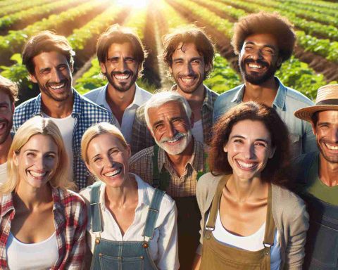 Produce a high-definition, realistic image capturing the essence of joy and satisfaction among a diverse group of farmers. The picture should depict a mixed group of male and female farmers from various descents such as Caucasian, Hispanic, Black, Middle-Eastern, South Asian, and White as they smile. They are standing in the bright sunlight on their verdant farms. It's not just the sun that's making them happy; they have a deep sense of fulfillment from their hard work and successful harvest.