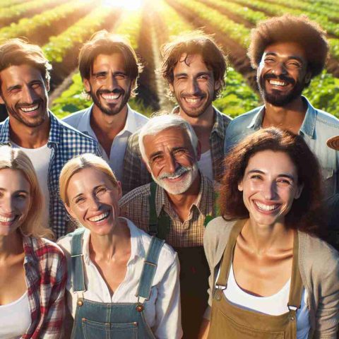 Produce a high-definition, realistic image capturing the essence of joy and satisfaction among a diverse group of farmers. The picture should depict a mixed group of male and female farmers from various descents such as Caucasian, Hispanic, Black, Middle-Eastern, South Asian, and White as they smile. They are standing in the bright sunlight on their verdant farms. It's not just the sun that's making them happy; they have a deep sense of fulfillment from their hard work and successful harvest.