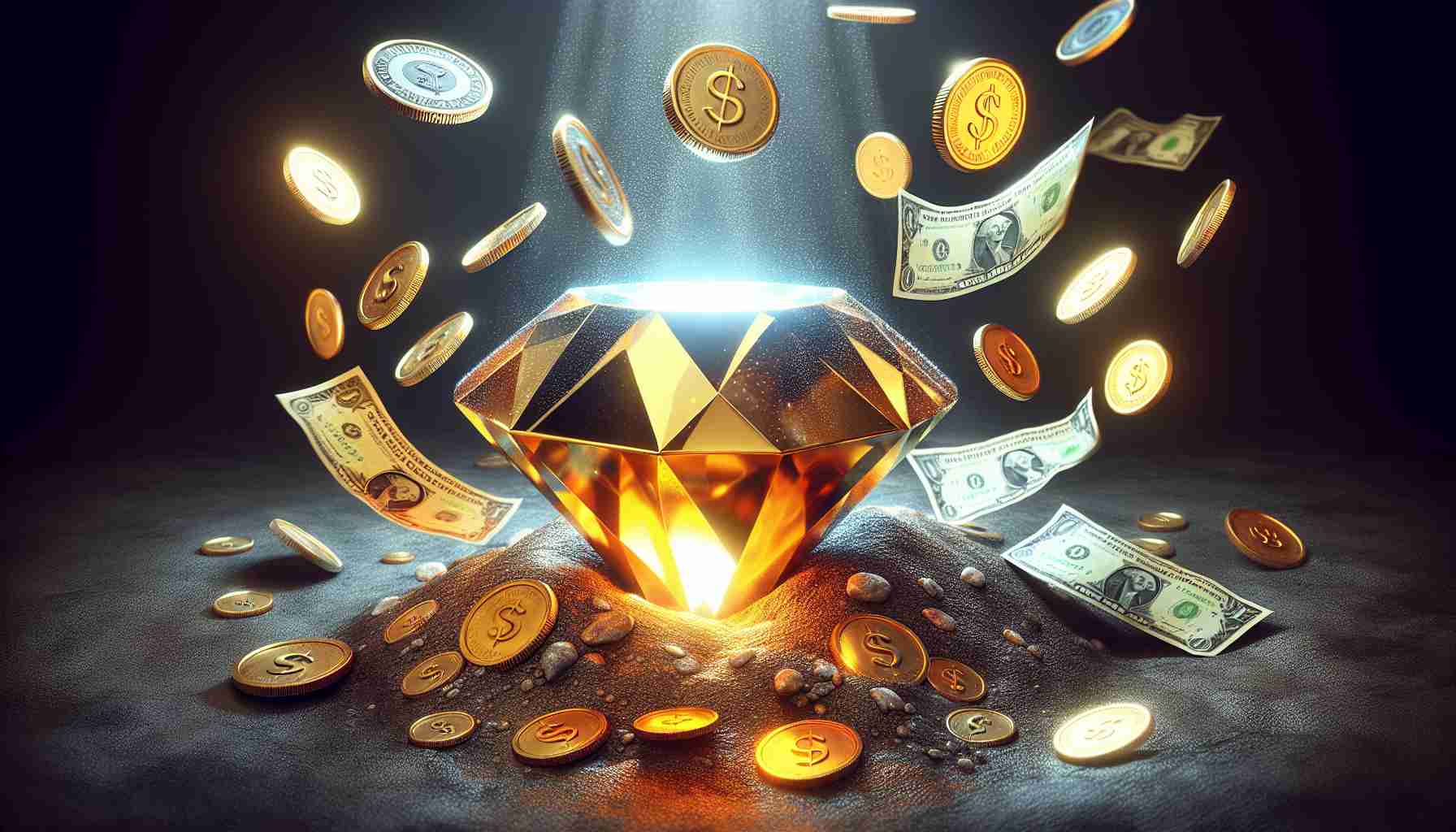 A high-definition, realistic representation of the concept of a 'Hidden Gem' using the metaphor of the mining industry. Show an unmined gemstone, illustrating its potential value, associated with the symbolic representation of windfall, perhaps with coins and dollar bills being blown by a gust of wind. Please exclude any specific company logos or names.