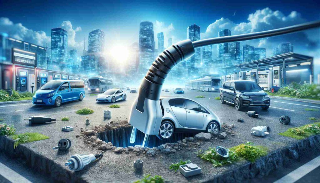 Visual depiction of a metaphorical groundbreaking moment for plug-in power technology. Illustrate a charging plug being inserted into the ground in a new and vibrant market area, full of various energy-using devices like electric vehicles, household appliances and industrial equipment. The scene unfolds under a bright blue sky, symbolizing a promising new era. The image should be ultra-realistic and high definition.