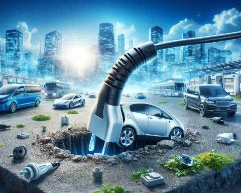 Visual depiction of a metaphorical groundbreaking moment for plug-in power technology. Illustrate a charging plug being inserted into the ground in a new and vibrant market area, full of various energy-using devices like electric vehicles, household appliances and industrial equipment. The scene unfolds under a bright blue sky, symbolizing a promising new era. The image should be ultra-realistic and high definition.