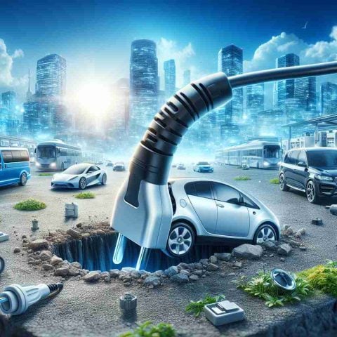 Visual depiction of a metaphorical groundbreaking moment for plug-in power technology. Illustrate a charging plug being inserted into the ground in a new and vibrant market area, full of various energy-using devices like electric vehicles, household appliances and industrial equipment. The scene unfolds under a bright blue sky, symbolizing a promising new era. The image should be ultra-realistic and high definition.