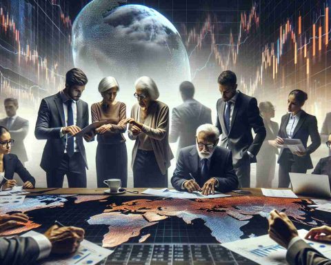 Create a dramatic and realistic HD image that tells a story about the latest changes in the stock market, focusing specifically on the energy sector. The image should feel like it unveils hidden aspects of this situation, such as charts, numbers, intense discussions taking place in an office setting with analysts huddling over screens, papers, and notebooks. Depict a diverse group of people involved in this drama - an elderly South Asian woman, a young Black man, a middle-aged Caucasian woman and a Hispanic man in his thirties. However, ensure that no specific company logo or name is shown.