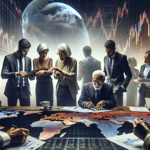 Create a dramatic and realistic HD image that tells a story about the latest changes in the stock market, focusing specifically on the energy sector. The image should feel like it unveils hidden aspects of this situation, such as charts, numbers, intense discussions taking place in an office setting with analysts huddling over screens, papers, and notebooks. Depict a diverse group of people involved in this drama - an elderly South Asian woman, a young Black man, a middle-aged Caucasian woman and a Hispanic man in his thirties. However, ensure that no specific company logo or name is shown.