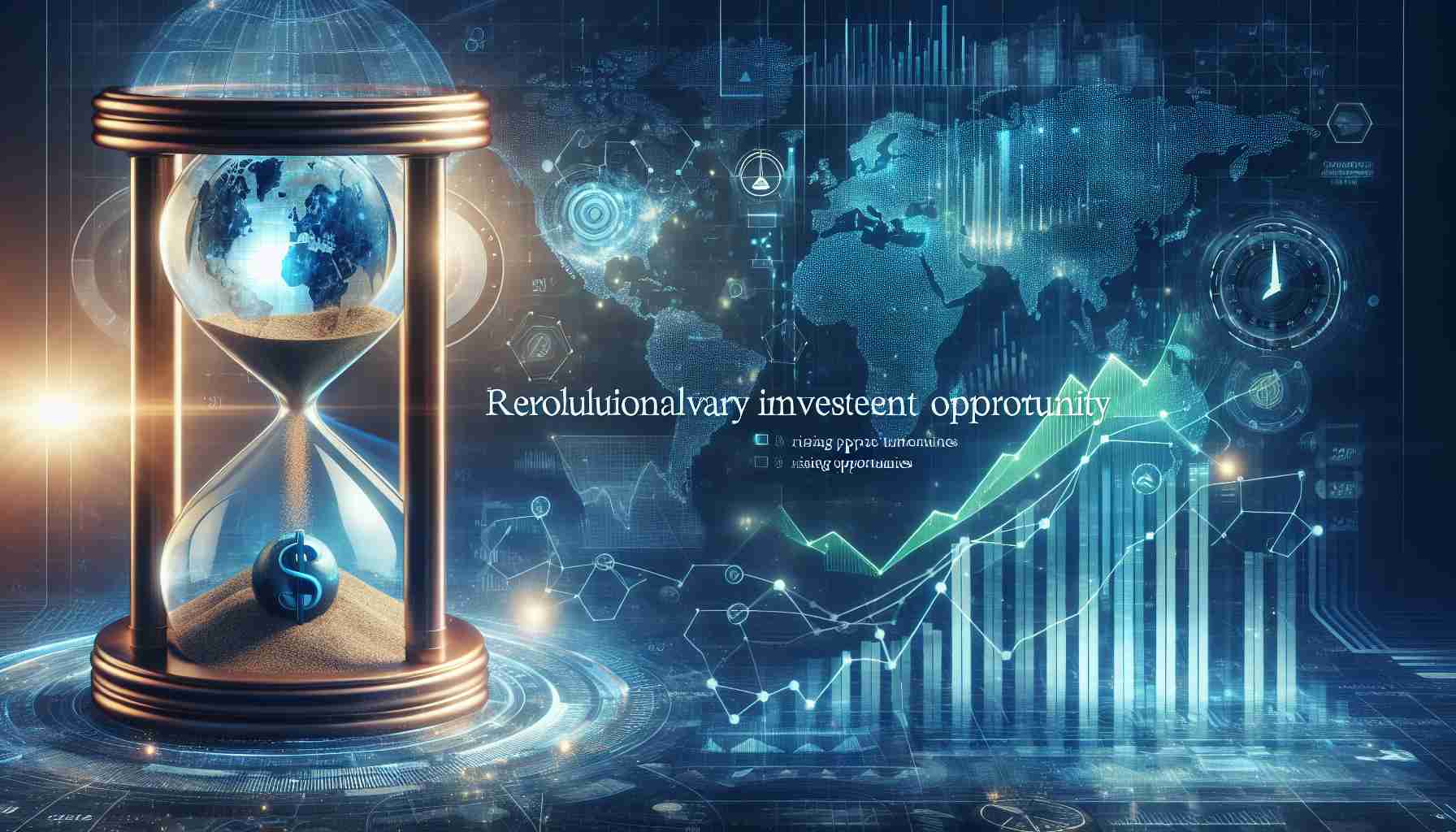 High definition, realistic image displaying the concept of a 'Revolutionary Investment Opportunity.' Include visual elements such as cutting-edge technology, graphs with rising trends, a dynamic world map symbolizing global opportunities, and a sandglass reminding the urgency to act fast. The mood should be optimistic and energetic, reflecting the exciting nature of such investment opportunities.