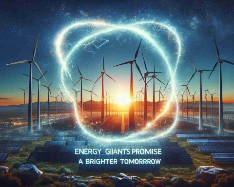 Generate a realistic high-definition image representing the concept of 'Energy Giants Promise a Brighter Tomorrow.' The image should hint at a stronger alliance between major energy corporations committed to instigate positive change, symbolized by a sparking connection. The backdrop could be a horizon indicating the dawn of a new day, symbolizing a brighter future. Include towering wind turbines, efficient solar panels, and other sustainable energy resources to represent the 'Energy Giants'.