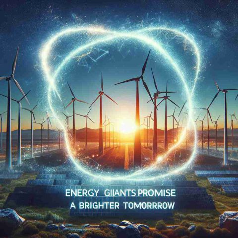 Generate a realistic high-definition image representing the concept of 'Energy Giants Promise a Brighter Tomorrow.' The image should hint at a stronger alliance between major energy corporations committed to instigate positive change, symbolized by a sparking connection. The backdrop could be a horizon indicating the dawn of a new day, symbolizing a brighter future. Include towering wind turbines, efficient solar panels, and other sustainable energy resources to represent the 'Energy Giants'.