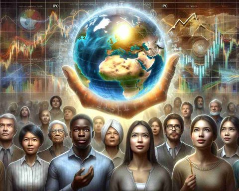 A highly detailed and realistic visual representation of a symbolic representation of the concept of an IPO (Initial Public Offering) revolution. The artwork should communicate the idea of this financial activity changing lives worldwide. Depict a globe encased in the brightness of ever-changing stock market graphs and charts. Surround it with a variety of diverse people, from a female South Asian businesswoman, a black male farmer looking hopeful, a Hispanic male student studying economics, to a Middle-Eastern female doctor not typically associated with the stock market. All should be looking towards the globe, a mix of hope and excitement on their faces.