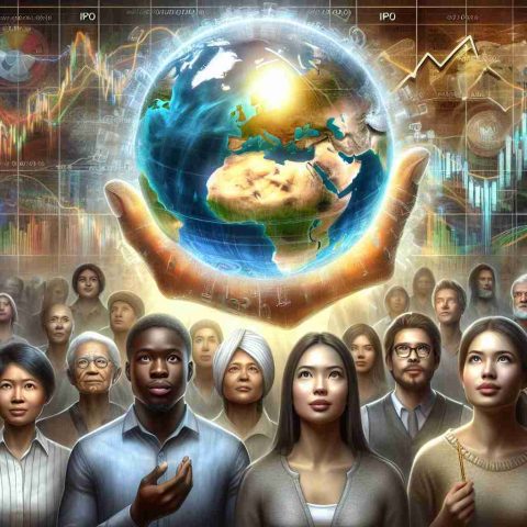 A highly detailed and realistic visual representation of a symbolic representation of the concept of an IPO (Initial Public Offering) revolution. The artwork should communicate the idea of this financial activity changing lives worldwide. Depict a globe encased in the brightness of ever-changing stock market graphs and charts. Surround it with a variety of diverse people, from a female South Asian businesswoman, a black male farmer looking hopeful, a Hispanic male student studying economics, to a Middle-Eastern female doctor not typically associated with the stock market. All should be looking towards the globe, a mix of hope and excitement on their faces.