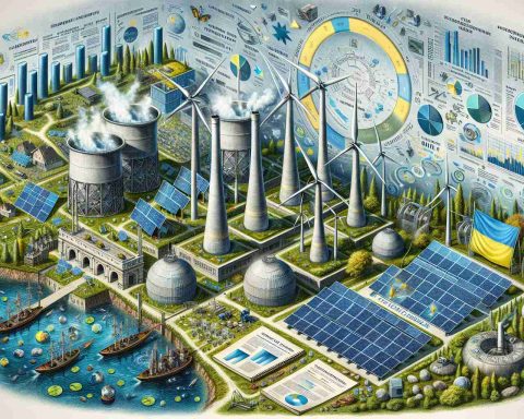 An ultra-realistic, high-definition visual depiction of Ukraine's ambitious change in energy policy projected for the year 2025. This illustration should portray different elements of renewable energy sources like solar panels, wind turbines, and water dams, symbolising a shift towards sustainability and clean energy. Incorporate elements that suggest the influence of unseen forces at play, such as policy changes, including documents with official seals, or economic factors, such as graphs showcasing upward trends in clean energy investment.