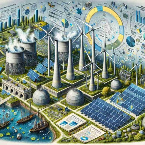 An ultra-realistic, high-definition visual depiction of Ukraine's ambitious change in energy policy projected for the year 2025. This illustration should portray different elements of renewable energy sources like solar panels, wind turbines, and water dams, symbolising a shift towards sustainability and clean energy. Incorporate elements that suggest the influence of unseen forces at play, such as policy changes, including documents with official seals, or economic factors, such as graphs showcasing upward trends in clean energy investment.