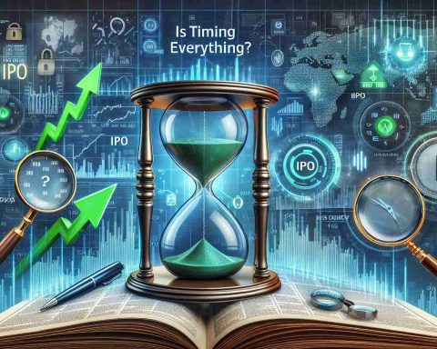 Image representation of the concept 'Is Timing Everything? Discover the Best Moment to Buy IPO Stocks'. Picture a balanced hourglass in the center, symbolizing timing. On one side, there's a stock market graph with green 'up' arrows indicating a bullish market. On the other side, there's an IPO document with a magnifying glass over it, keen on finding the right moment. The backdrop is a montage of various financial symbols, time-related indicators, and Wall Street imagery, all in HD quality.