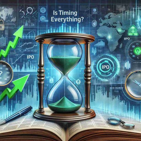 Image representation of the concept 'Is Timing Everything? Discover the Best Moment to Buy IPO Stocks'. Picture a balanced hourglass in the center, symbolizing timing. On one side, there's a stock market graph with green 'up' arrows indicating a bullish market. On the other side, there's an IPO document with a magnifying glass over it, keen on finding the right moment. The backdrop is a montage of various financial symbols, time-related indicators, and Wall Street imagery, all in HD quality.