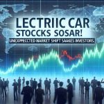 High definition image displaying a news headline stating 'Electric Car Stocks Soar! Unexpected Market Shift Shakes Investors.' in bold, dynamic typography. The background is a composite of the following elements: a rising line chart denoting stock market growth, overlaid with abstract symbols representing electric cars and a crowd of businesspeople expressing various levels of surprise and shock.