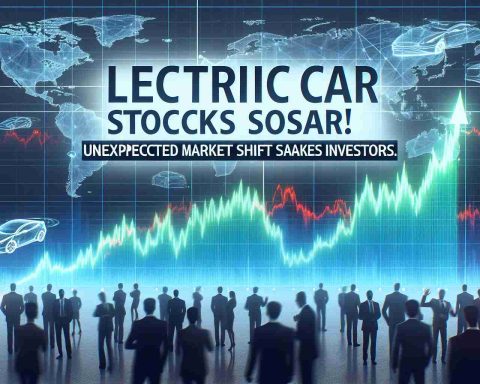 High definition image displaying a news headline stating 'Electric Car Stocks Soar! Unexpected Market Shift Shakes Investors.' in bold, dynamic typography. The background is a composite of the following elements: a rising line chart denoting stock market growth, overlaid with abstract symbols representing electric cars and a crowd of businesspeople expressing various levels of surprise and shock.