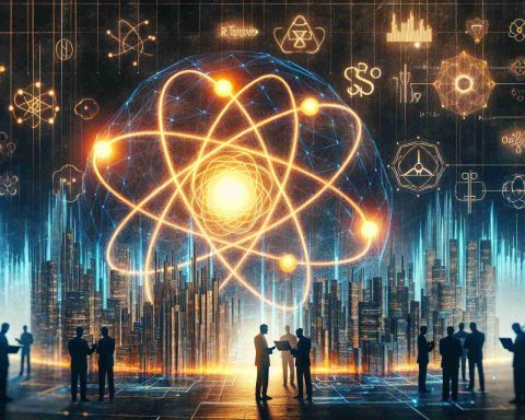 Generate a realistic HD photo showcasing the concept of a Nuclear Renaissance, depicted as a rebirth or revolution in the field of nuclear technology. Visually represent Big Tech's investment in this sector, possibly through symbolic representations such as a financial graph overlaid on a nuclear symbol, or tech industry leaders examining a glowing atom model.