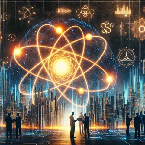 Generate a realistic HD photo showcasing the concept of a Nuclear Renaissance, depicted as a rebirth or revolution in the field of nuclear technology. Visually represent Big Tech's investment in this sector, possibly through symbolic representations such as a financial graph overlaid on a nuclear symbol, or tech industry leaders examining a glowing atom model.