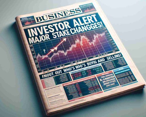 Create a realistic HD image of a business newspaper front page featuring a major headline - 'Investor Alert: Major Stake Changes! Find Out Who’s Buying and Selling.' The newspaper should also depict stock charts, the up and down arrows symbolizing the buying and selling trends, and smaller headlines about updates in the commercial world.