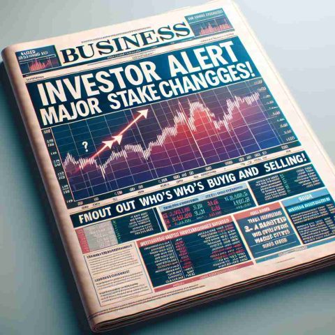 Create a realistic HD image of a business newspaper front page featuring a major headline - 'Investor Alert: Major Stake Changes! Find Out Who’s Buying and Selling.' The newspaper should also depict stock charts, the up and down arrows symbolizing the buying and selling trends, and smaller headlines about updates in the commercial world.