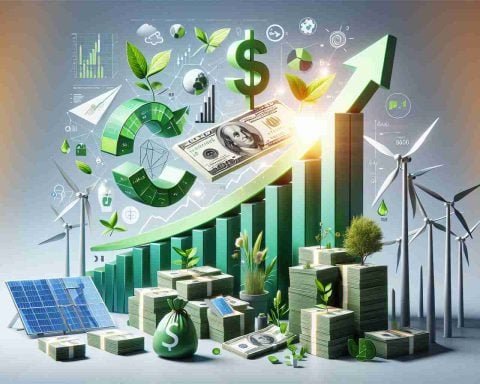 A realistic, high-definition image showing macro elements of an energy company's financial success. The design should include visual elements such as a flourishing chart showing the company's growth, stacks of green bills symbolizing profits, and solar panels, wind turbines, or other energy-related icons, to portray a surprising gain in profits for this energy giant.