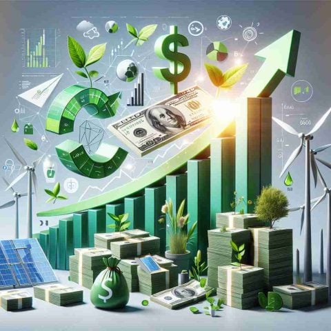 A realistic, high-definition image showing macro elements of an energy company's financial success. The design should include visual elements such as a flourishing chart showing the company's growth, stacks of green bills symbolizing profits, and solar panels, wind turbines, or other energy-related icons, to portray a surprising gain in profits for this energy giant.