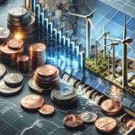 A High Definition image presenting the concept 'Invest in the Future'. The image is divided into two halves. The first half displays a collection of glossy, metallic penny coins, some of them covering a stock market chart. The second half depicts various renewable energy sources such as a wind turbine, solar panels, and a small hydroelectric dam. The image is meant to symbolize the idea of investing in renewable energy stocks with penny coins.