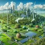 A high-definition, realistic image showcasing the concept of 'Green Leap' in India. Visualize a juxtaposition of renewable energy installations such as wind turbines, solar panels, and biomass facilities amidst lush landscapes, vibrant rice paddies, and thriving forests. Also incorporate compelling impressions of sustainable agriculture, electric transportation, and green cityscapes to signify the untapped potential for environmental advancement. Set under a clear blue sky that represents optimism for a sustainable future in India.