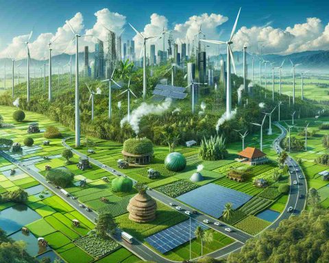 A high-definition, realistic image showcasing the concept of 'Green Leap' in India. Visualize a juxtaposition of renewable energy installations such as wind turbines, solar panels, and biomass facilities amidst lush landscapes, vibrant rice paddies, and thriving forests. Also incorporate compelling impressions of sustainable agriculture, electric transportation, and green cityscapes to signify the untapped potential for environmental advancement. Set under a clear blue sky that represents optimism for a sustainable future in India.