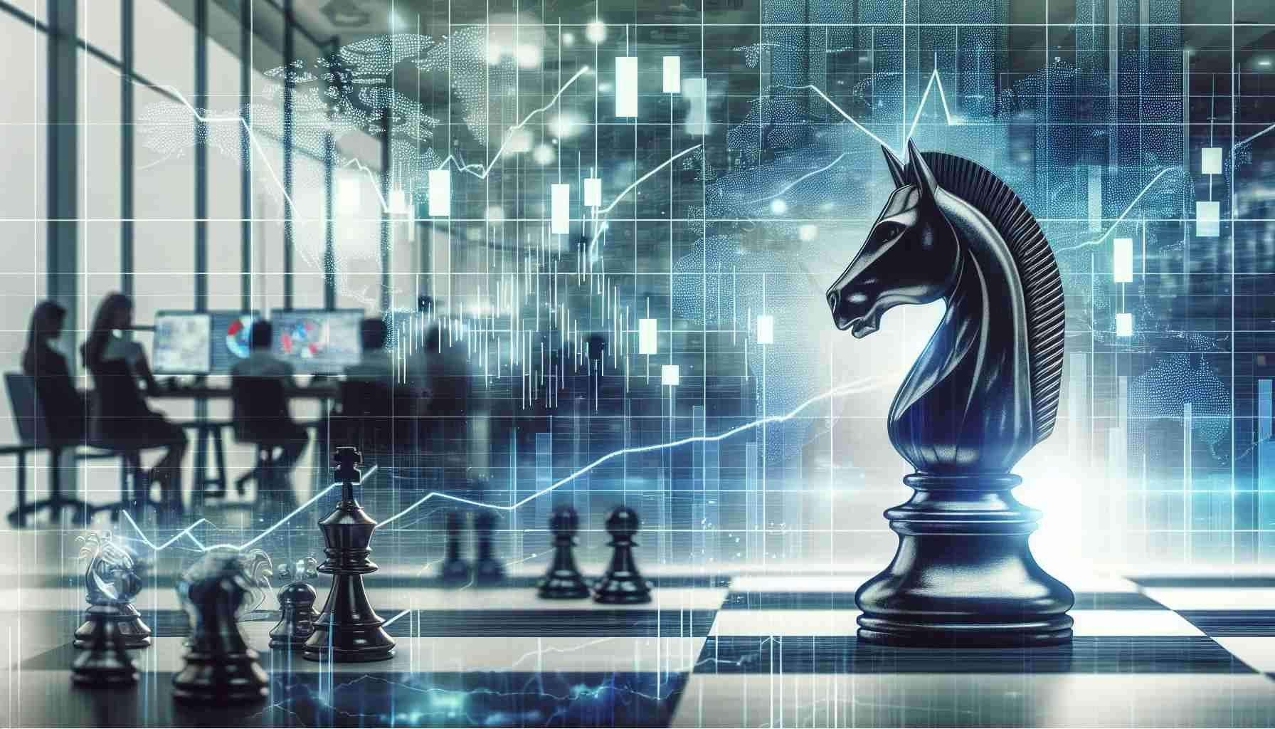 A detailed image representing the concept of a major healthcare tech company making a daring business move, the effect leaving its investors in a state of uncertainty. The focal part of the image could be a symbolic chess piece like a knight (representing the bold move) advancing in front of a digital screen displaying fluctuating stock charts. Perhaps, the backdrop could be a modern office space filled with employees, reflecting the corporate atmosphere of the tech giant.