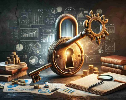 Create a realistic high-definition image that symbolizes the process of 'unlocking the secrets of IPO funding'. Perhaps it could be a large, rustic key fitting perfectly in a golden lock that both are surrounded by financial documents, graphs, and charts. A glowing mysterious aura signals the revealing of unknown information about IPO funding. Add educational books and a magnifying glass nearby to illustrate the concept of discovery and learning about unfamiliar concepts.