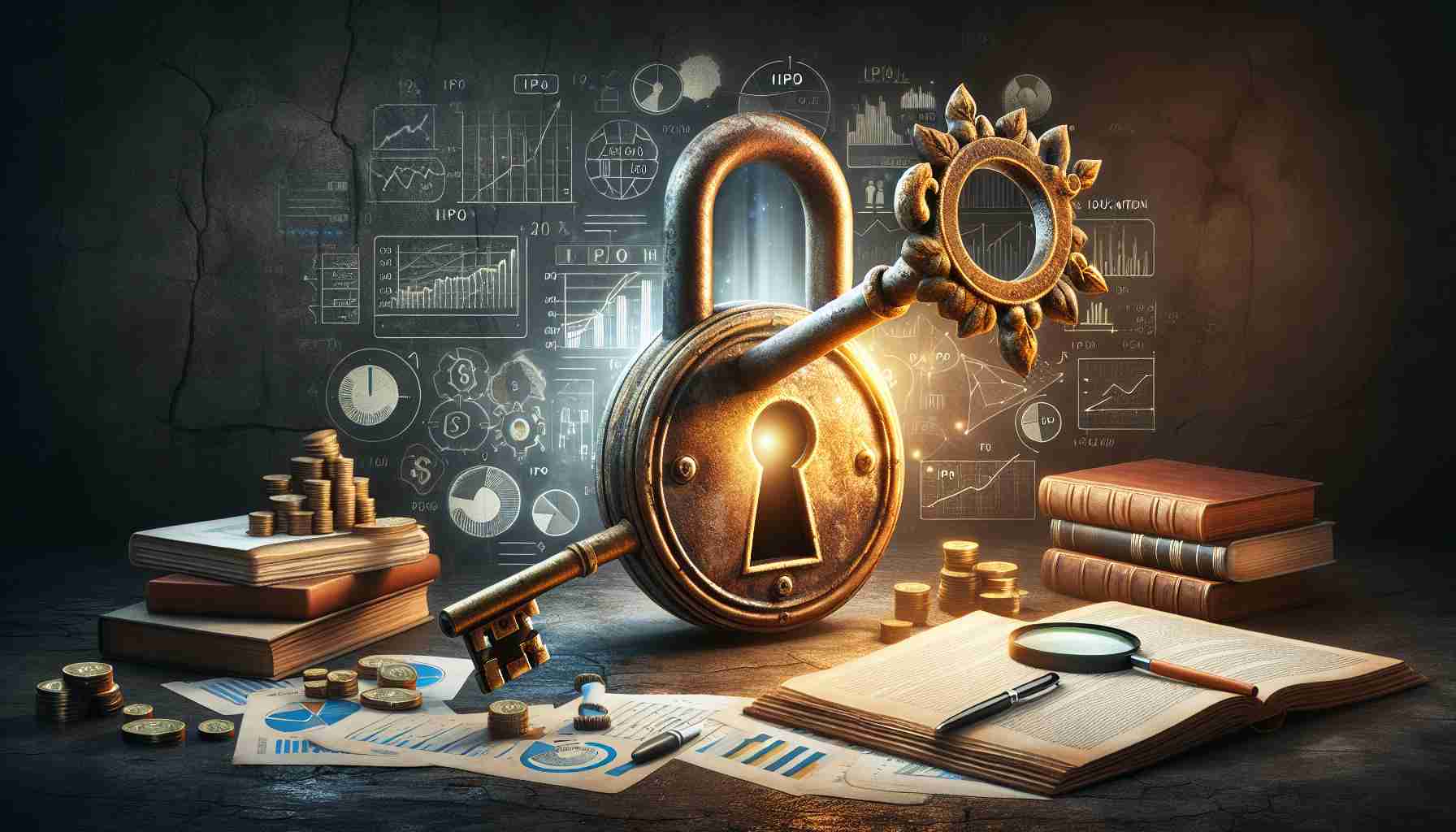 Create a realistic high-definition image that symbolizes the process of 'unlocking the secrets of IPO funding'. Perhaps it could be a large, rustic key fitting perfectly in a golden lock that both are surrounded by financial documents, graphs, and charts. A glowing mysterious aura signals the revealing of unknown information about IPO funding. Add educational books and a magnifying glass nearby to illustrate the concept of discovery and learning about unfamiliar concepts.