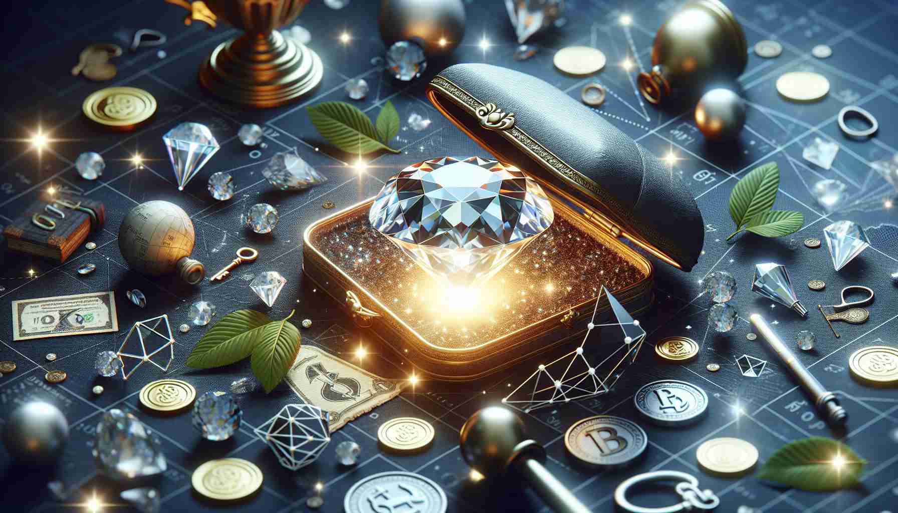 A highly realistic and high-definition image showcasing a valuable hidden gemstone, surrounded by elements of mystery. This gem is seen glittering and in the center of the frame, illustrating its potential as a significant investment win. Additional symbols of investment and winning, such as small gold coins and a shiny trophy are visible in the background.