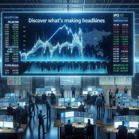 Create a High Definition scene that depicts the Stock Market scene during the IPO Boom of 2024. This should capture elements such as energetic stock brokers, complex data charts showing trends of increasing stock prices on digital screens, a buzz-filled trading floor. On a screen in the background, the headline news should be 'Discover What's Making Headlines'.