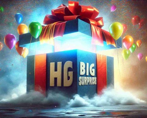 Create a HD image that reflects the concept of 'big surprise'. Picture an oversized, colorfully decorated gift box, shrouded in mystery, suggesting something exciting happening next. The atmosphere should be filled with suspense, anticipation and joy.