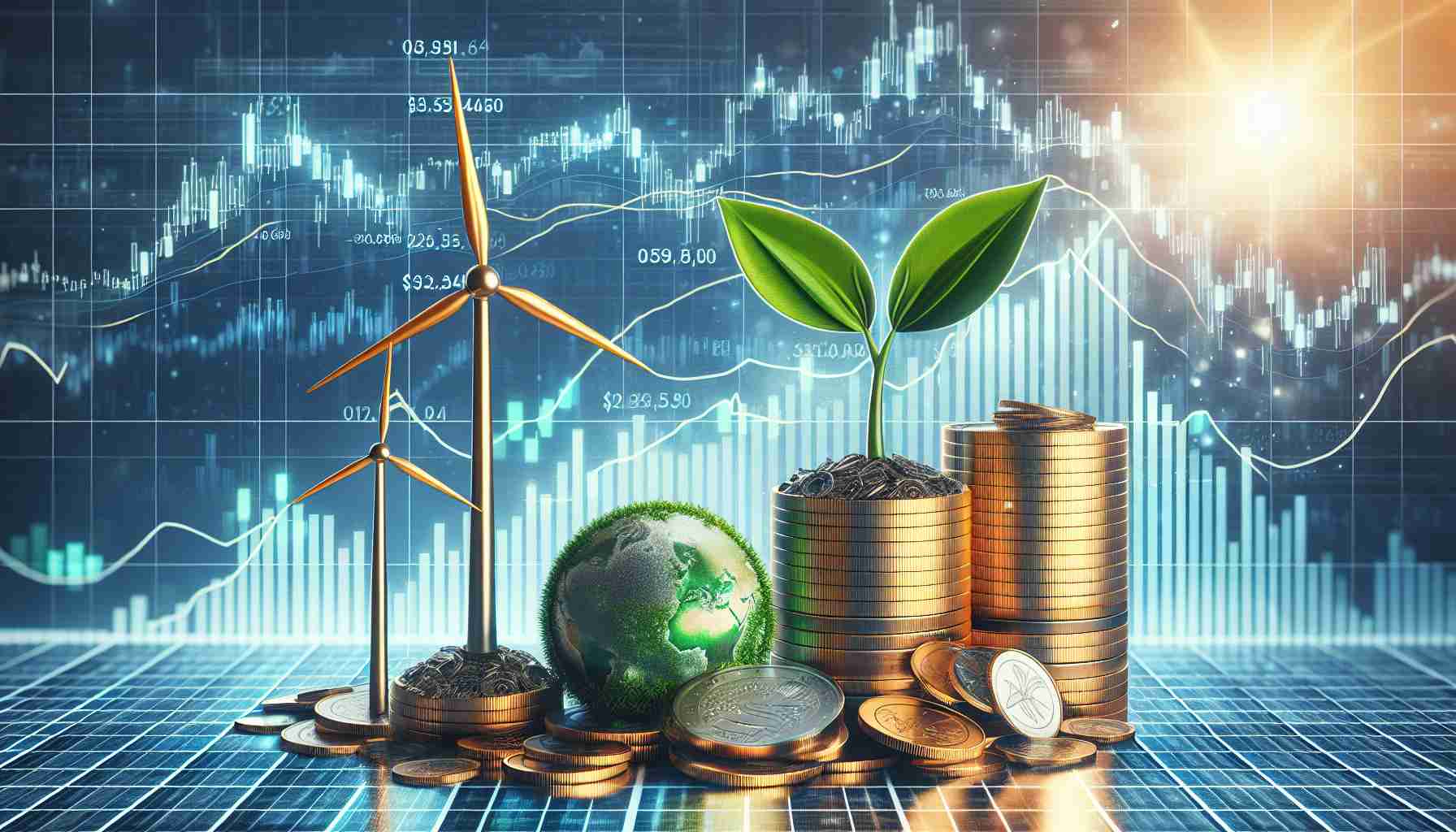 A high-definition, realistic picture depicting the concept of top three green energy stocks that could transform a financial portfolio. The image presents symbolic representations like wind turbines for wind energy, solar panels for solar energy, and a plant growing out of coins for organic or bioenergy. On the background, there are financial charts showing their performance with upward trends, indicating growth potential.