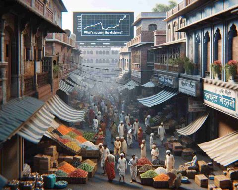 A high-definition, realistic depiction of a traditional Indian market during a downturn. The streets are teeming with vendors who look concerned, traders discussing in hushed tones, and their goods piled high yet unsold. Overhead, a billboard displaying the headline 'What's Causing the Decline?' reflects the current state of the market.