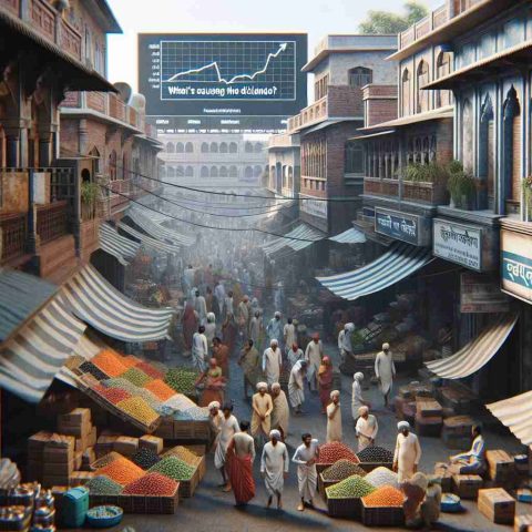 A high-definition, realistic depiction of a traditional Indian market during a downturn. The streets are teeming with vendors who look concerned, traders discussing in hushed tones, and their goods piled high yet unsold. Overhead, a billboard displaying the headline 'What's Causing the Decline?' reflects the current state of the market.