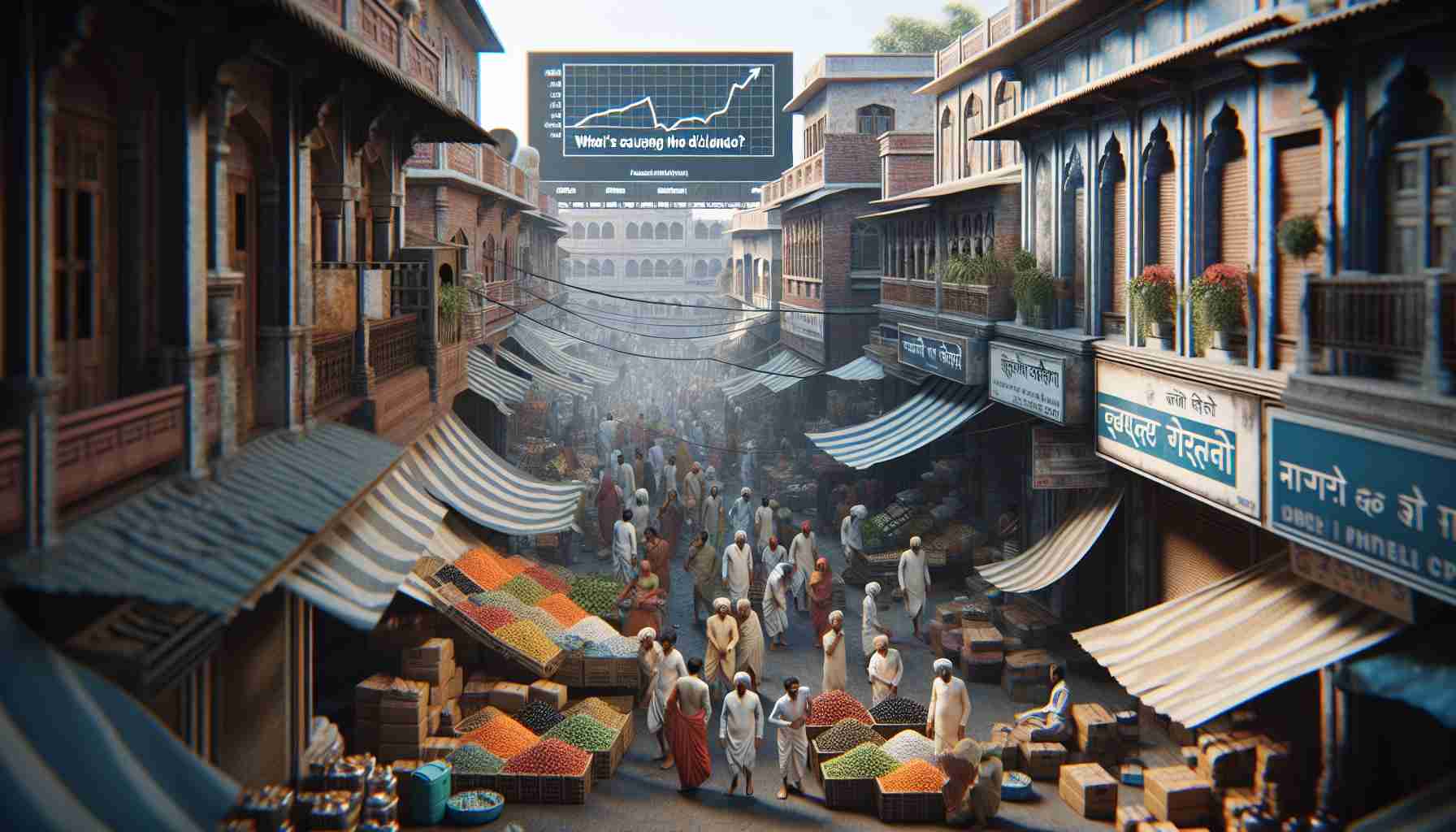 A high-definition, realistic depiction of a traditional Indian market during a downturn. The streets are teeming with vendors who look concerned, traders discussing in hushed tones, and their goods piled high yet unsold. Overhead, a billboard displaying the headline 'What's Causing the Decline?' reflects the current state of the market.