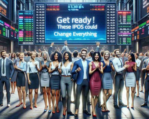 Realistically graphically designed high-definition image showing a group of excited people gathered around a big screen displaying the phrase 'Get Ready! These IPOs Could Change Everything'. The people come from diverse backgrounds, featuring a Caucasian woman, a Black man, a Hispanic woman, a Middle-Eastern man, and a South Asian woman, each possessing varying professional attire, expressing anticipative excitement. The environment has the feel of a dynamic stock exchange floor highlighting the energetic atmosphere of financial markets.