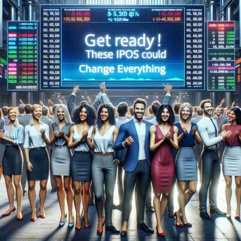 Realistically graphically designed high-definition image showing a group of excited people gathered around a big screen displaying the phrase 'Get Ready! These IPOs Could Change Everything'. The people come from diverse backgrounds, featuring a Caucasian woman, a Black man, a Hispanic woman, a Middle-Eastern man, and a South Asian woman, each possessing varying professional attire, expressing anticipative excitement. The environment has the feel of a dynamic stock exchange floor highlighting the energetic atmosphere of financial markets.