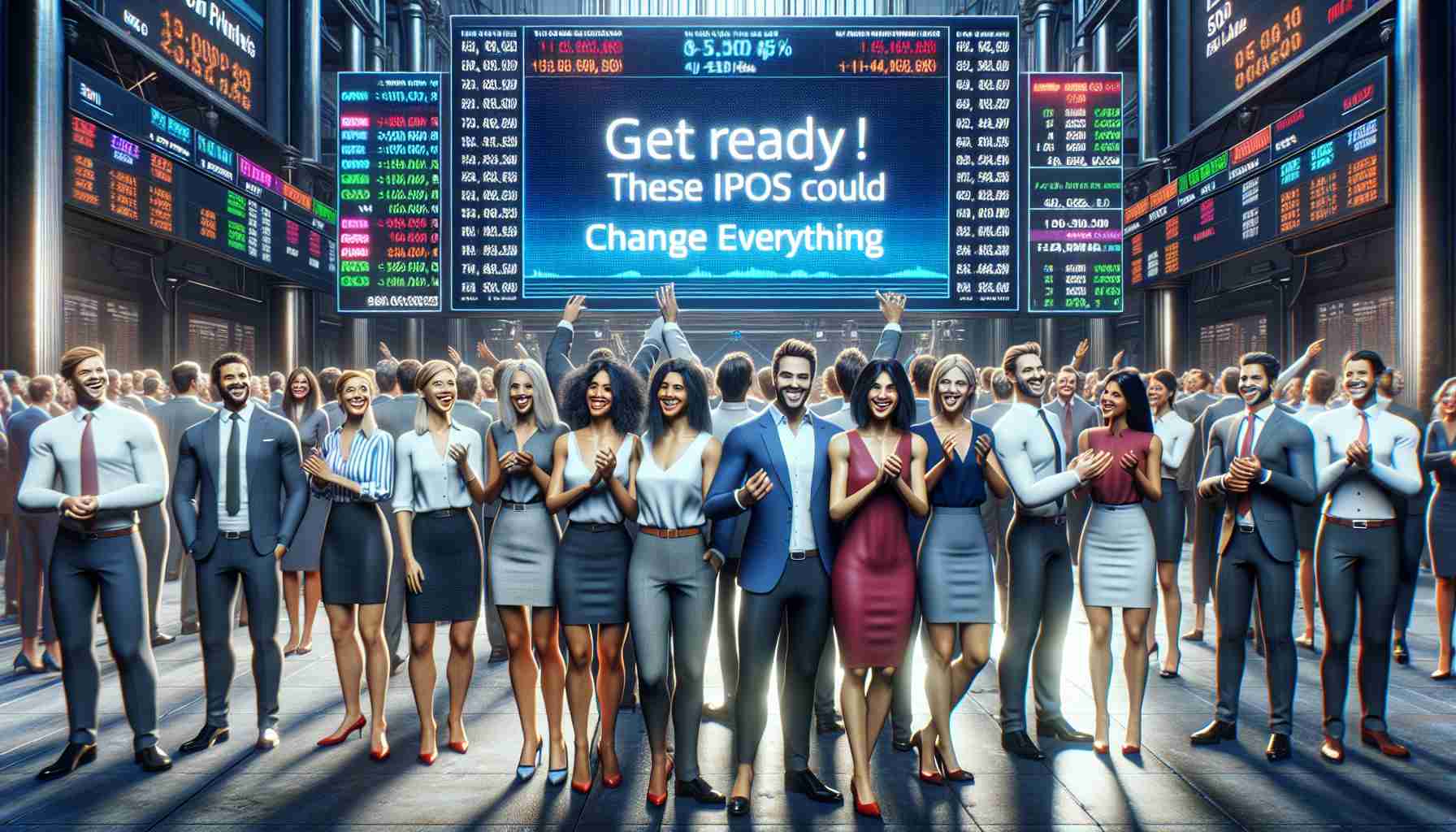 Realistically graphically designed high-definition image showing a group of excited people gathered around a big screen displaying the phrase 'Get Ready! These IPOs Could Change Everything'. The people come from diverse backgrounds, featuring a Caucasian woman, a Black man, a Hispanic woman, a Middle-Eastern man, and a South Asian woman, each possessing varying professional attire, expressing anticipative excitement. The environment has the feel of a dynamic stock exchange floor highlighting the energetic atmosphere of financial markets.