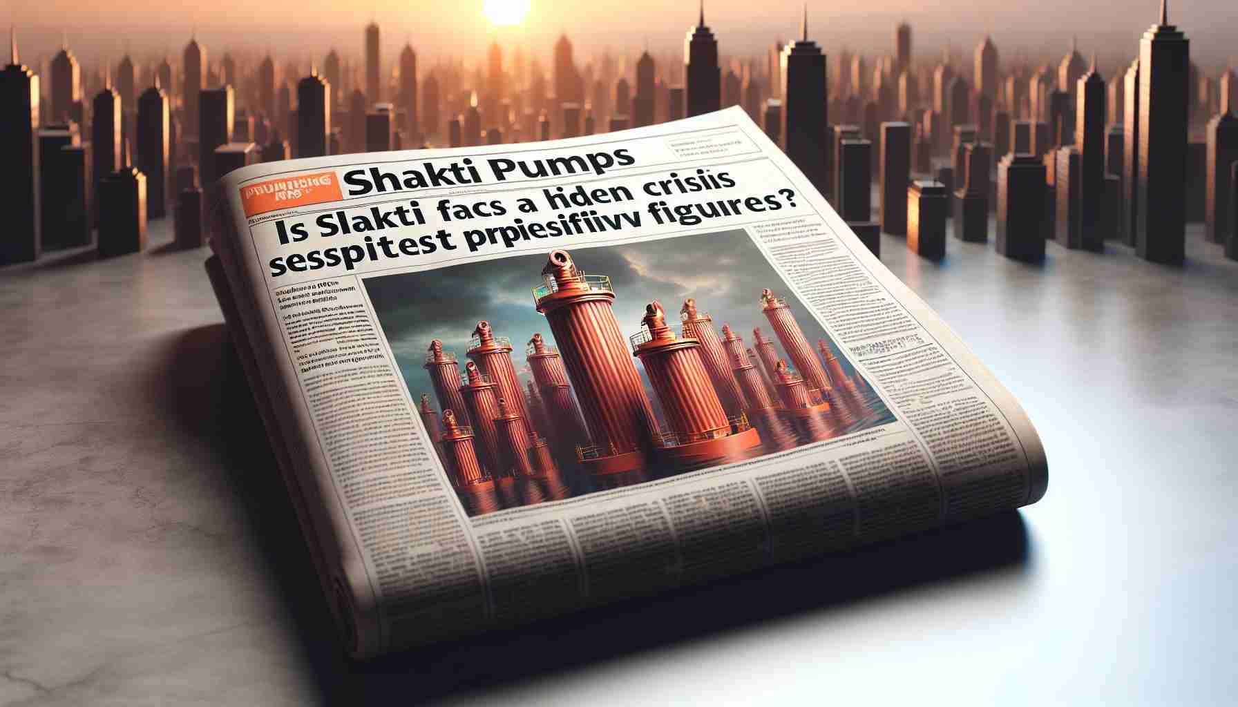 Realistic HD image of an newspaper headline that reads: 'Is Shakti Pumps Facing a Hidden Crisis Despite Impressive Figures?'