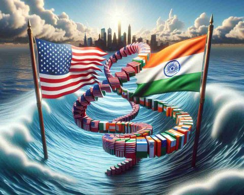 High-definition realistic image of a symbolic representation of major economic changes between two countries, symbolized by flags of United States and India. The image shows a conceptual representation of market surprises ahead with symbols like a twist, reflecting the tariff twists. A scene of ocean waves may represent the fluctuating market. No people or specific locations should be included.