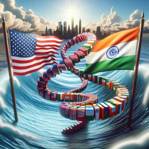 High-definition realistic image of a symbolic representation of major economic changes between two countries, symbolized by flags of United States and India. The image shows a conceptual representation of market surprises ahead with symbols like a twist, reflecting the tariff twists. A scene of ocean waves may represent the fluctuating market. No people or specific locations should be included.